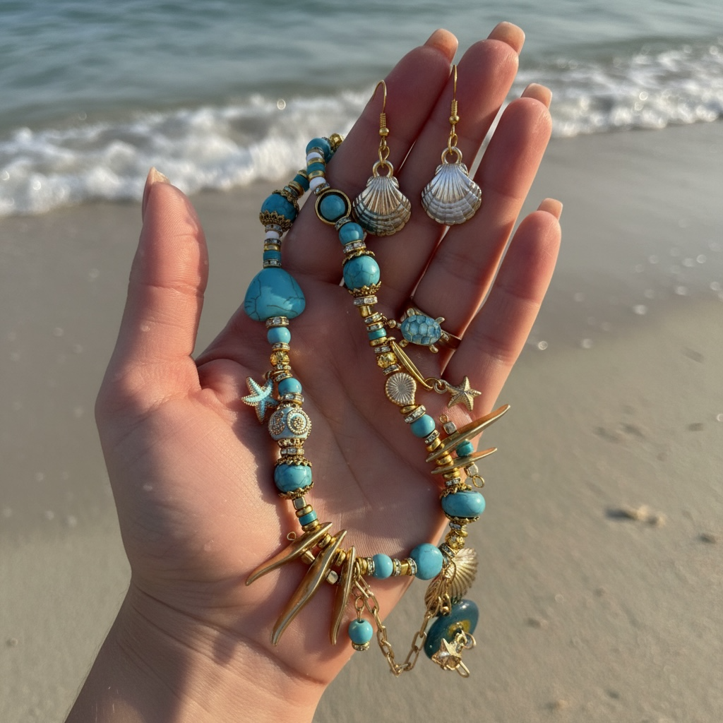 Boho Set Turquesa – Collar y Pendientes Marinos Hechos a Mano